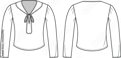 Women’s blouse with tie neck, long sleeve design, front and back view, fashion CAD vector illustration, garment technical drawing, stylish clothing design