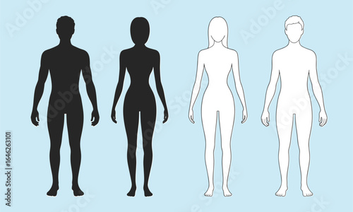 Male and female front body silhouette and outline, fashion croquis flat cad drawing, vector figure template for design and illustration