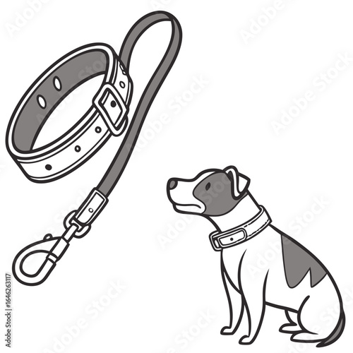 Dog collar and leash with sitting dog illustration, essential and stylish design for pet owners