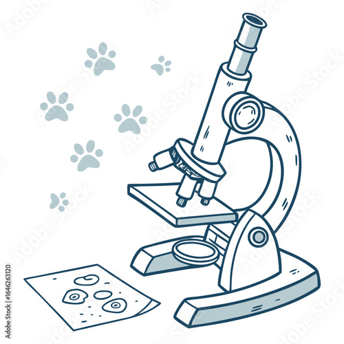 Microscope in veterinary lab with pet paw prints, informative and detailed illustration for animal health