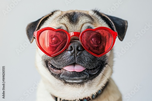 Pug Wearing Heart-Shaped Sunglasses Poses Happily Against a Light Background