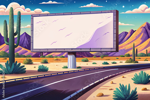 Empty white roadside billboard in vast desert landscape with highway leading toward distant mountains, offering prime advertising space in a scenic and open environment.