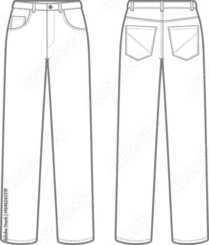 Straight leg jeans pants front and back, classic five-pocket style, casual denim wear, CAD technical drawing, vector illustration, fashion design sketch