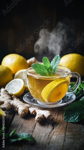 Herbal Tea With Ginger and Lemon Garnished With Mint Leaves on a Wooden Table.