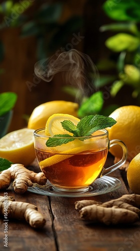 Herbal Tea With Ginger and Lemon Garnished With Mint Leaves on a Wooden Table