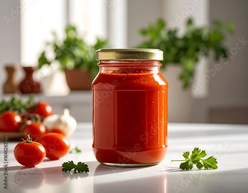 Glass jar of tomato sauce