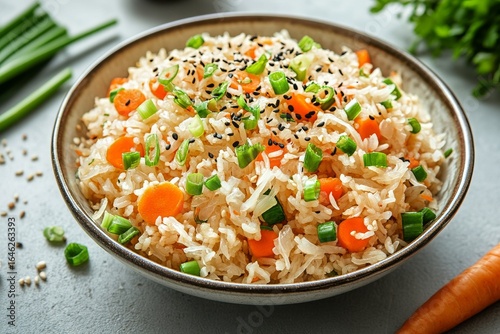 Delicious Vegetable Fried Rice Served in a Bowl on a Light Countertop.