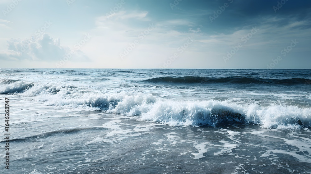 Fototapeta premium Foamy waves crash on a tranquil shoreline.