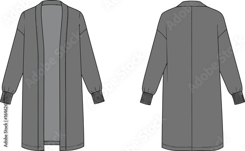 Long cardigan technical sketch, open front, ribbed cuffs, straight hemline, center back seam, front and back view, fashion template
