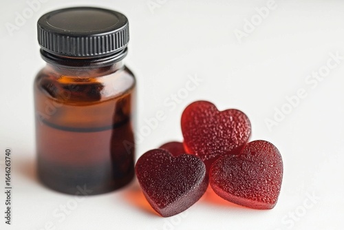 Heart-shaped Gummies Beside a Dark Glass Jar on a Light Background.