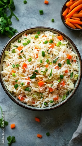 Delicious Vegetable Fried Rice Served in a Bowl on a Rustic Grey Surface