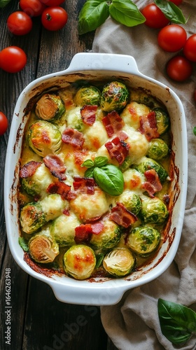 Delicious Baked Brussels Sprouts With Cheese and Bacon Garnished With Fresh B...