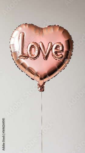 Heart-shaped Balloon With Love Inscription in Rose Gold Color Floating Agains...