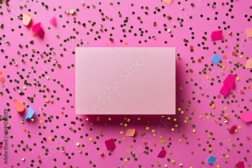 Pink Background With Confetti and Blank Card for Creative Celebrations or Inv...