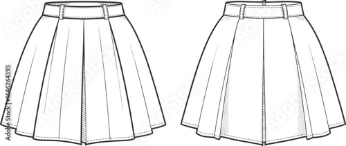 Women's pleated skirt, high waist design, belt loops, front and back views, fashion CAD flat sketch, vector illustration template