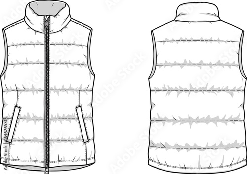 Sleeveless puffer vest sketch, quilted stitching design, front and back view, high collar, zipper closure, angled pockets, fashion template