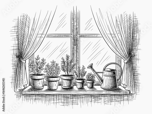Line art illustration of potted plants and watering can on windowsill with curtains. Classic pen and ink style for editorial and educational use.