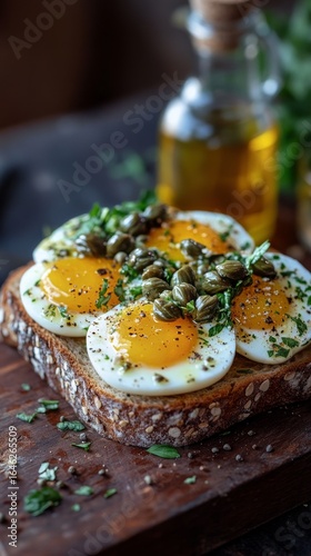 Delicious Sunny Side up Eggs on Toasted Bread With Green Herbs and Olive Oil.