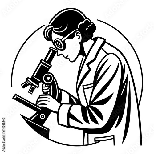 Vector art of female scientist looking through a microscope isolated on white background