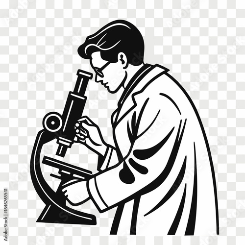 Vector art of male scientist looking through a microscope isolated on white background