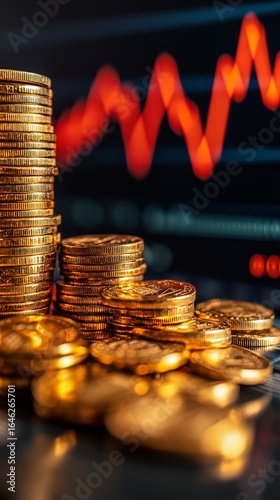 Close-up of Stacked Coins With Financial Chart Showing Market Trend