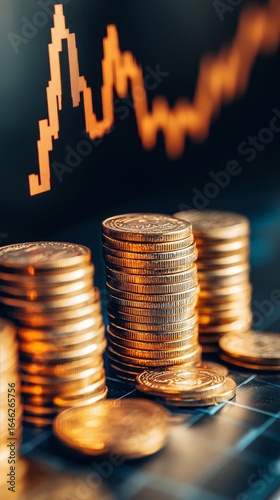 Close-up of Stacked Coins With Financial Chart Showing Market Trend.