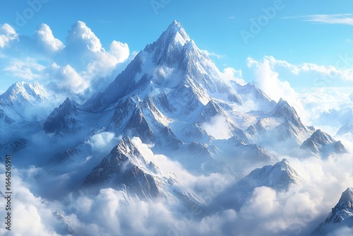 Majestic Snow-Capped Mountain Peaks Under a Bright Blue Sky With Fluffy Clouds