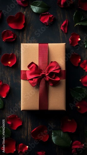 Gift Box Decorated With Red Ribbon and Rose Petals on Dark Surface.