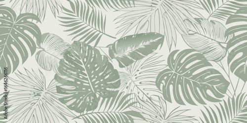 Monstera and palm leaves tropical pattern in sage green