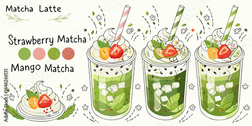 Delicious matcha drinks with fresh fruit toppings
