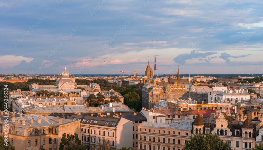 Obraz premium Sunset View of Riga with TV Tower and Jugendstil Architecture