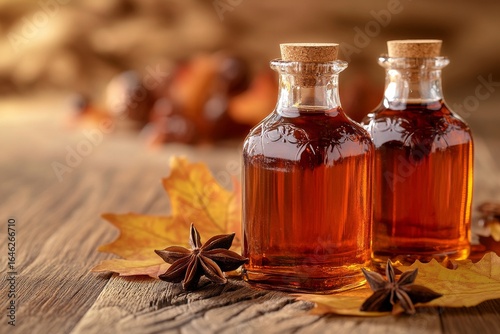 Warm Autumn Spices in Glass Bottles Arranged on a Wooden Table With Colorful ...