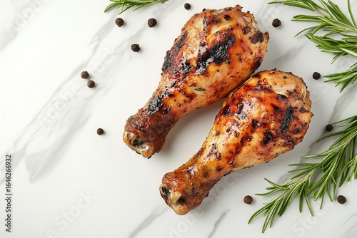 Grilled Chicken Drumsticks Seasoned With Herbs and Spices on a Marble Surface.