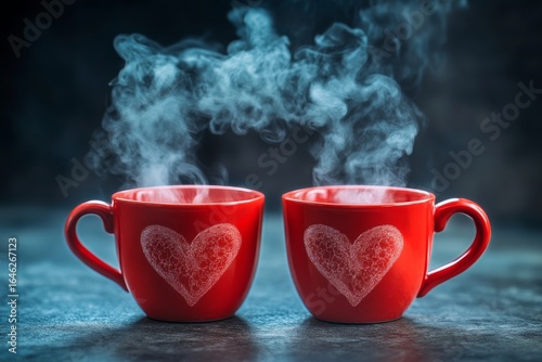 Warm Cups of Steaming Coffee With Heart Designs on a Cool Surface at Nighttime