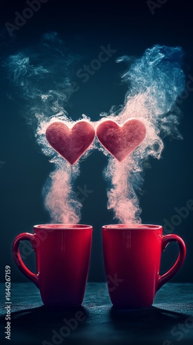 Warm Cups of Steaming Coffee With Heart Designs on a Cool Surface at Nighttime.