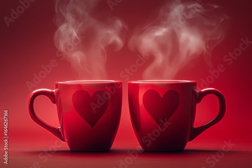 Heart-shaped Mugs With Steam on a Red Background, Perfect for a Cozy Drink