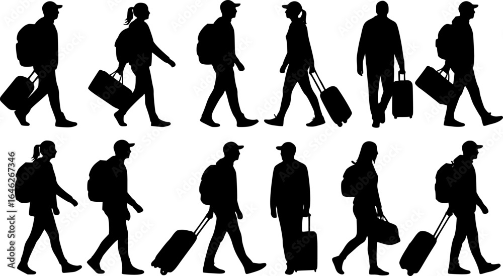 Obraz premium silhouettes of people walking , Silhouettes of people walking with luggage and bags travel on transparent background , no background 