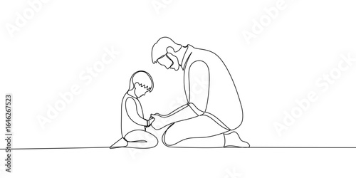 Continuous line banner, prayer. Man and child praying together on their knees. Christian concept. Vector illustration drawing