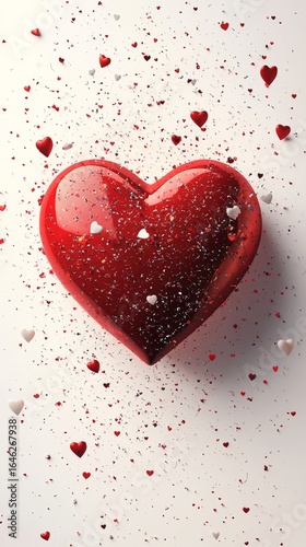 Shiny Red Heart Surrounded by Sparkling Confetti in Various Shades of Pink on...