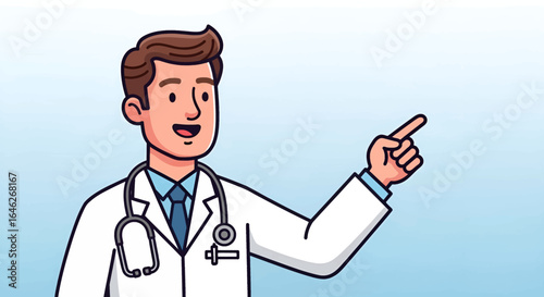 A friendly doctor in a white coat points to the right, smiling and offering guidance.