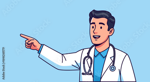 Smiling doctor in white coat pointing to the right.