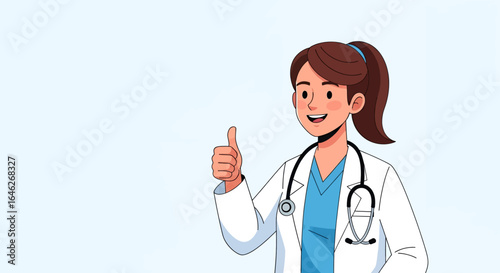 Smiling female doctor giving a thumbs up,  a friendly and approachable medical professional.