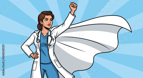 A powerful female doctor superhero in a white coat and cape, radiating strength and determination.