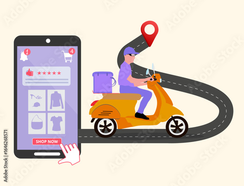 delivery service illustration concept with shop app and delivery man on scooter riding on the road