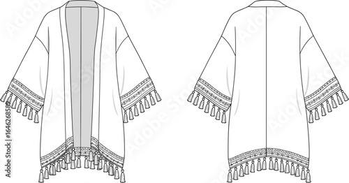 Front and back view, kimono cardigan, tassel trim, geometric pattern, wide sleeves, open front, boho fashion, ethnic style, garment design, textile detail