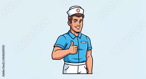Smiling male cartoon nurse giving a thumbs up, cheerful and friendly.