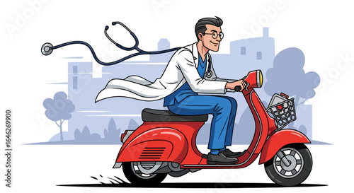 A smiling doctor rides a red scooter with a stethoscope trailing behind him in a city.