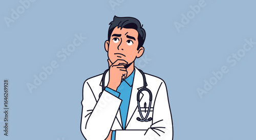 Thoughtful doctor in white coat, contemplating a medical issue.