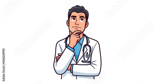 Pensive doctor in white coat contemplates, hand on chin, thoughtful expression.