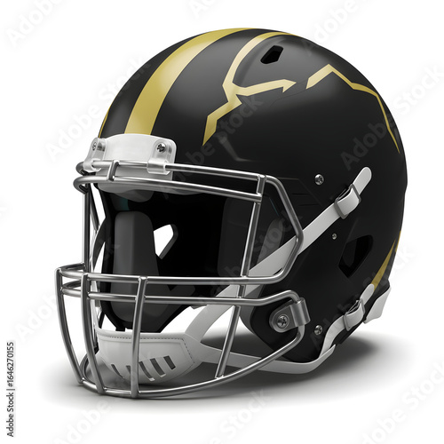 Matte Black American Football Helmet Mockup with Gold Decals and Silver Facemask